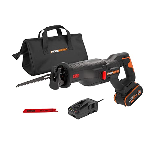 WORX Nitro   Scie sabre brushless sans fil 20V   4Ah   WX516 (Livrée avec batterie et chargeur, Changement Rapide de Lame, Vitesse de Coupe Variable, Lumière LED, 1 lame bois et 1 lame métal) :Bricolage