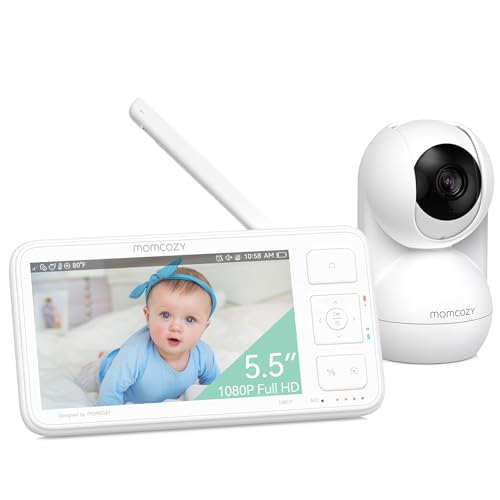 Momcozy Babyphone avec caméra Écran 5.5 Pouces Full HD 1080P Moniteur bébé sans WLAN 5800 mAh Vision Nocturne Claire, ECO, VOX, Audio bidirectionnel portée de 500 m, Prendre des Photos et des vidéos :Bébé et Puériculture