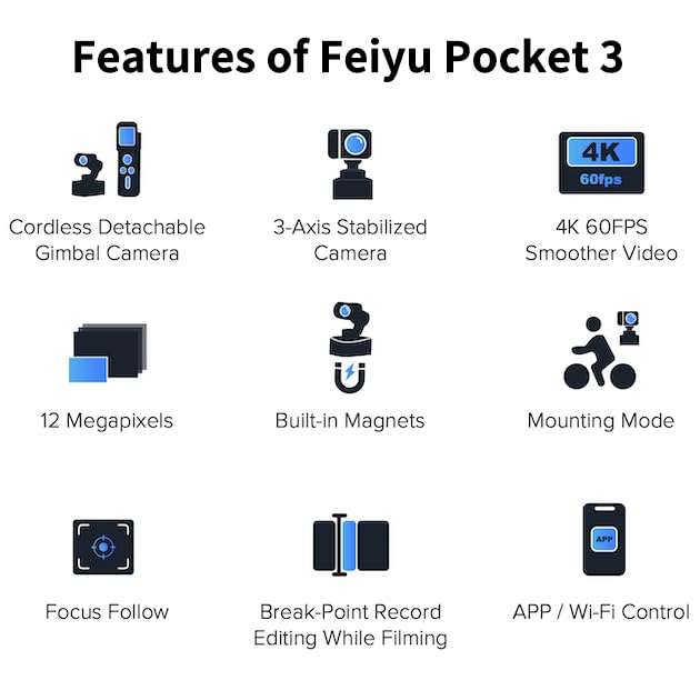 Feiyu Pocket 3 avec Poignée de télécommande [Officiel], Caméra Sport 4K avec Stabilisation Anti Vibration sur 3 Axes,Ultra HD 12MP,Vue Large 130°,MIC intégré,pour Le Vlogging,la plongée :High Tech