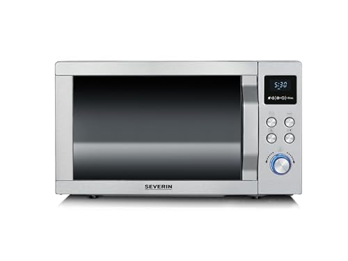 SEVERIN Four à micro ondes 25 L, 1 950 W, Four micro onde avec fonction gril et chaleur tournante brassée, Micro onde avec 10 niveaux de puissance, Plateau à pizza amovible (? 28 cm), Inox,MW 7774