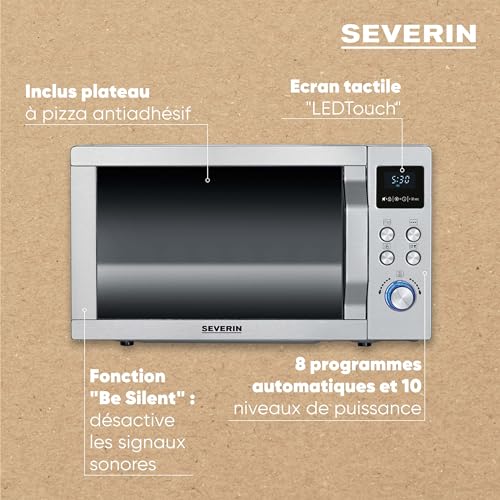 SEVERIN Four à micro ondes 25 L, 1 950 W, Four micro onde avec fonction gril et chaleur tournante brassée, Micro onde avec 10 niveaux de puissance, Plateau à pizza amovible (? 28 cm), Inox,MW 7774