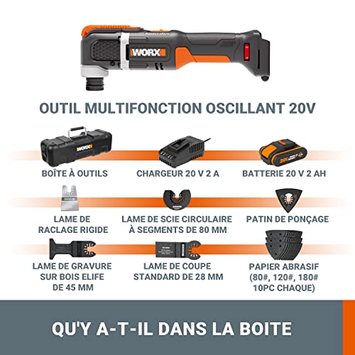 WORX   Outil oscillant multifonctions sans fil 20V 2Ah   WX696 (Puissant 5000/6000 tr min, grand angle d'oscillation 3,6°, changement de lame facile, léger, livré avec batterie et chargeur) :Bricolage