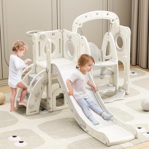 BenaRita Ensemble balançoire et Toboggan pour Enfants 6 en 1 avec échelle d'escalade balançoire, Rangement Panier de Basketball, Tour de guet Aire de Jeux intérieure pour Enfants :Jeux et Jouets