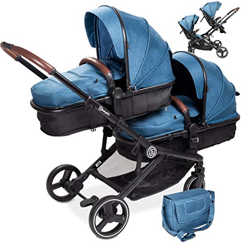 BABYGO Poussette 3 en 1 pour jumeaux   Poussette frère et sœur pour bébé   Poussette jumelle pour 2 enfants   Avec de nombreux accessoires   Bleu   Sans coque bébé   1 pièce (1 pièce)