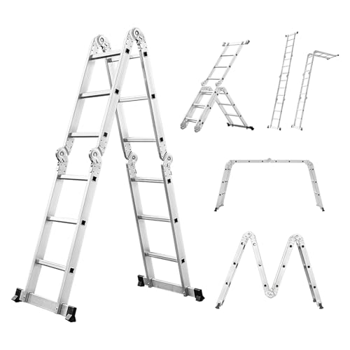 Miscoos Échelle Multifonction 6 en 1 en Aluminium, Échelle Pliante Articulée 4 x 3 avec 12 Échelons, Antidérapante, Capacité Jusqu'à 150 kg, Stable et Robuste, 3,6 m, Argent