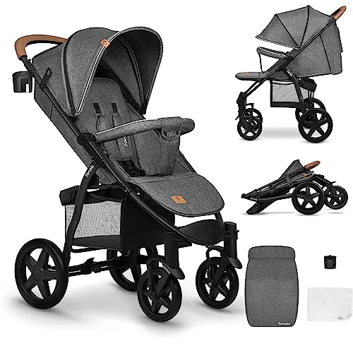 LIONELO Annet Plus poussette bebe à 22 kg, auvent avec fenêtre, roues EVA, chancelière moustiquaire porte gobelet, réglage du dossier jusqu’à la position couchée (Gris Brun, PLUS)