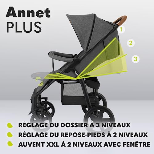 LIONELO Annet Plus poussette bebe à 22 kg, auvent avec fenêtre, roues EVA, chancelière moustiquaire porte gobelet, réglage du dossier jusqu’à la position couchée (Gris Brun, PLUS)