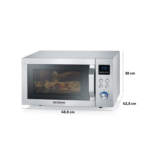 SEVERIN Four à micro ondes 25 L, 1 950 W, Four micro onde avec fonction gril et chaleur tournante brassée, Micro onde avec 10 niveaux de puissance, Plateau à pizza amovible (? 28 cm), Inox,MW 7774