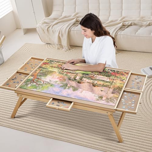 TALGIC Table de puzzle avec 6 tiroirs et pieds, planche de puzzle pliable de 1500 pièces avec housse et table de puzzle rotative réglable pour adultes. :Jeux et Jouets