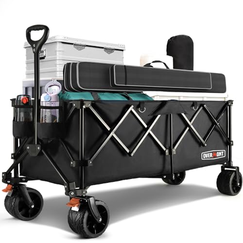 Overmont Chariot de Festival Pliable Extra Large de 300 L – Roues Larges et Freins – Chariot Robuste jusqu'à 200 kg – avec poignée réglable et Sac de Housse – Chariot pour Plage, Camping, Jardin