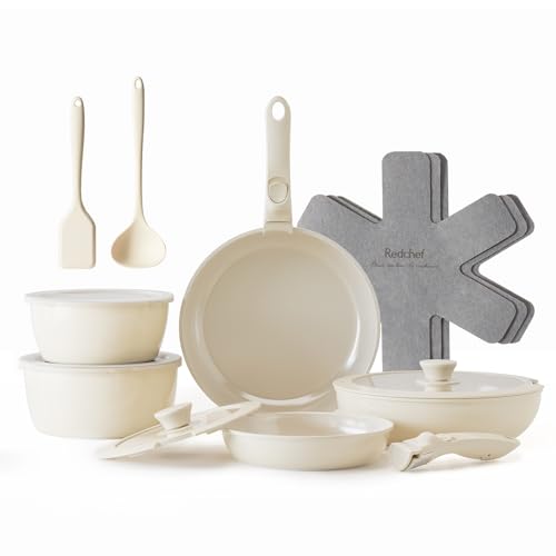 Redchef 16 poêles et casseroles, batterie de cuisine antiadhésive en céramique pour le camping avec poignée amovible, non toxique, sans PFAS, PFOA et PTFE, lavable au lave vaisselle et au four