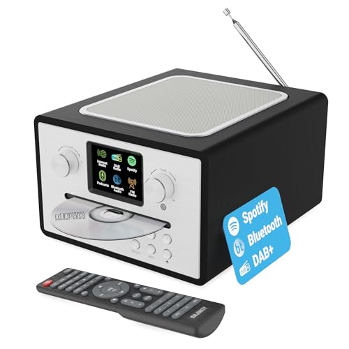 Lecteur CD Radio Internet Dab  | Bluetooth, Spotify, Podcasts | Radio FM, Double Alarme, 90 présélections, égalisation personnalisée | Ecran LED Couleur et télécommande | MAJORITY Homerton (Noir) :High Tech