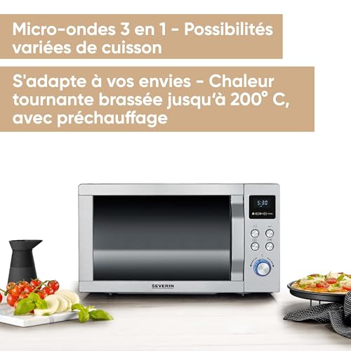 SEVERIN Four à micro ondes 25 L, 1 950 W, Four micro onde avec fonction gril et chaleur tournante brassée, Micro onde avec 10 niveaux de puissance, Plateau à pizza amovible (? 28 cm), Inox,MW 7774