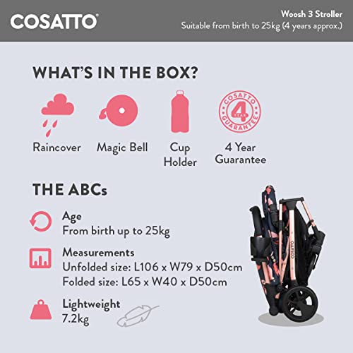 Cosatto Woosh Poussette 3 – Poussette légère de la naissance à 25 kg – Pliage facile à une main, compacte, poignée télescopique, panier de courses extra large, porte gobelet, barre de pare chocs et :Bébé et Puériculture