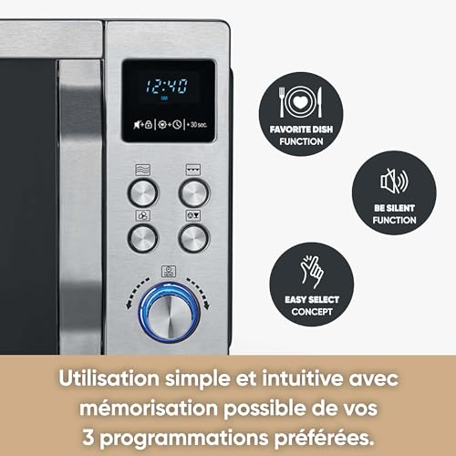 SEVERIN Four à micro ondes 25 L, 1 950 W, Four micro onde avec fonction gril et chaleur tournante brassée, Micro onde avec 10 niveaux de puissance, Plateau à pizza amovible (? 28 cm), Inox,MW 7774