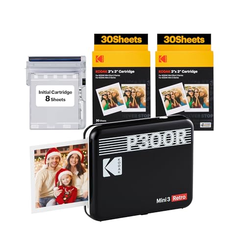 KODAK Mini 3 Retro 4PASS Imprimante Photo Portable (7,6x7,6cm)   Paquet avec 68 Feuilles, Noir :Informatique