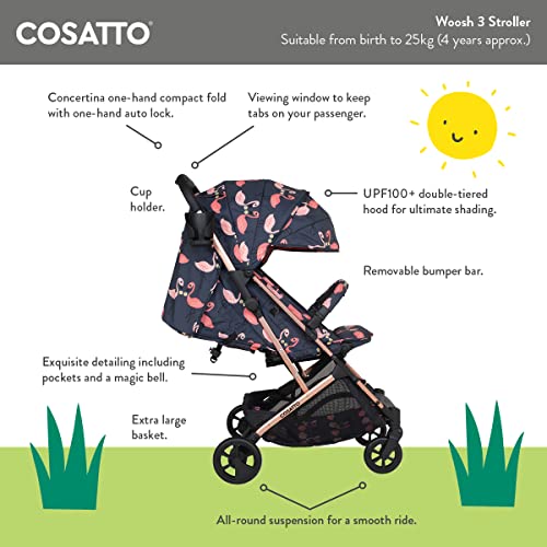 Cosatto Woosh Poussette 3 – Poussette légère de la naissance à 25 kg – Pliage facile à une main, compacte, poignée télescopique, panier de courses extra large, porte gobelet, barre de pare chocs et :Bébé et Puériculture