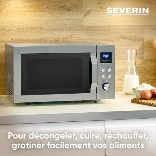 SEVERIN Four à micro ondes 25 L, 1 950 W, Four micro onde avec fonction gril et chaleur tournante brassée, Micro onde avec 10 niveaux de puissance, Plateau à pizza amovible (? 28 cm), Inox,MW 7774