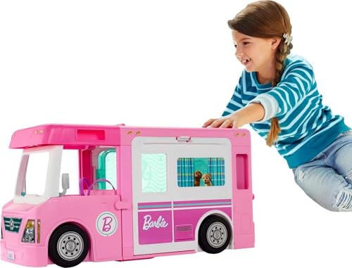 Barbie Camping Car De Rêve 3 en 1, Entièrement Meublé avec Piscine, Pick Up 4 Places, Et Bateau, Plus de 60 Accessoires Inclus, Un Camping Car, Jouet pour Enfant de 3 Ans et Plus, GHL93 :Jeux et Jouets