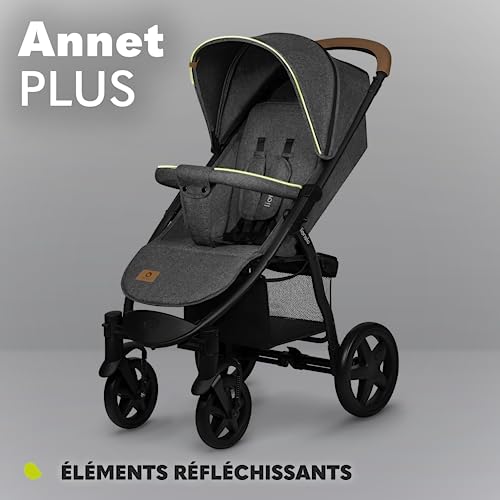 LIONELO Annet Plus poussette bebe à 22 kg, auvent avec fenêtre, roues EVA, chancelière moustiquaire porte gobelet, réglage du dossier jusqu’à la position couchée (Gris Brun, PLUS)