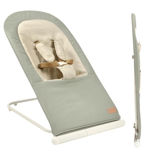 BÉABA, Transat Bébé Pliable, 3 inclinaisons en 1 Bouton, Ultra Compact et Fin, Harnais 5 Points, Système Pliage Breveté, 100% Coton, Jusqu'à 15kg, Housse Transport Incluse, Eazy Relax   Lichen :Bébé et Puériculture