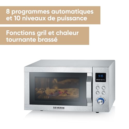 SEVERIN Four à micro ondes 25 L, 1 950 W, Four micro onde avec fonction gril et chaleur tournante brassée, Micro onde avec 10 niveaux de puissance, Plateau à pizza amovible (? 28 cm), Inox,MW 7774